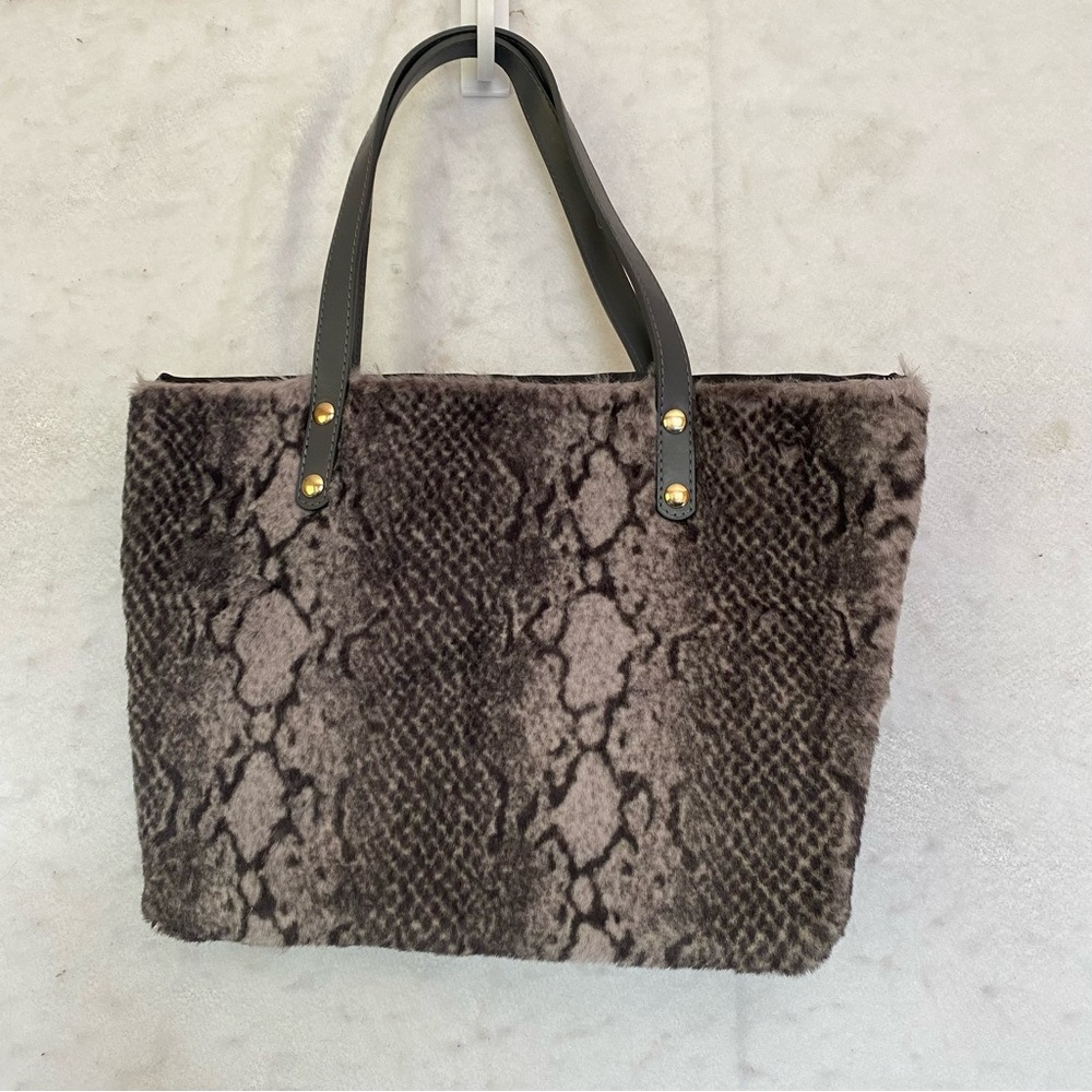 Soft Faux Fur Snakeskin Print Tote Bag Gray Black Animal Print Purse